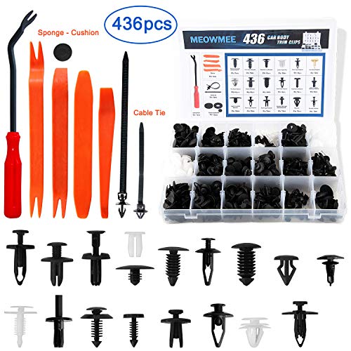 MEOWMEE - Clips del ajuste de la carrocería,436 piezas Universal de 18 tamaños Auto Nylon negro remaches con empuñadura con sujetador removedor profesional Parachoques a presión Juego de clips