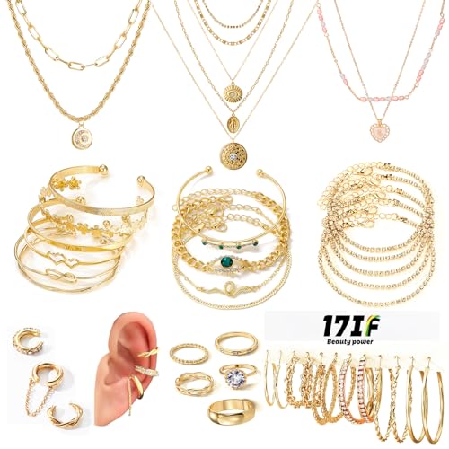 17IF 38 Pcs(9 Pack) Gold Plated Jewelry Set For Women With 9 Necklace 15 Bracelet 5 Big Diamond Ring 3 Sparkle Ear Cuff 6 Pair Earring Hoop For Happy