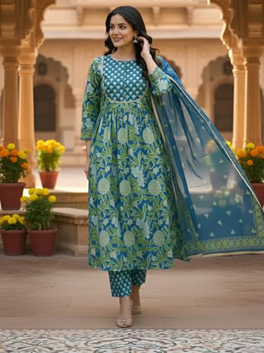 Image of Leriya Fashion Women's Rayon Printed Anarkali Kurta and Pant with Dupatta Set | 3-Piece Printed Anarkali Kurti Set | Ethnic Festive & Office Wear Suit for Women | Elegant Suit Set for Woman