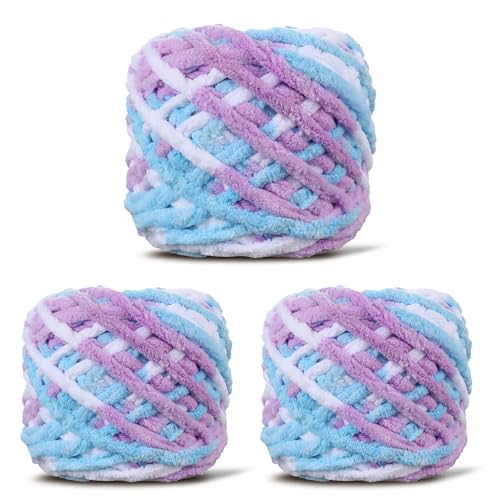 Image of 3 Pack Plush Chenille Chunky Yarn for Crocheting 100g(54.6yd) - Bulky Thick Fluffy Yarn for Knitting- Soft Velvet for Baby, Blanket Knitting Blanket Yarns- Amigurumi Yarns (3-Bluish Violet)