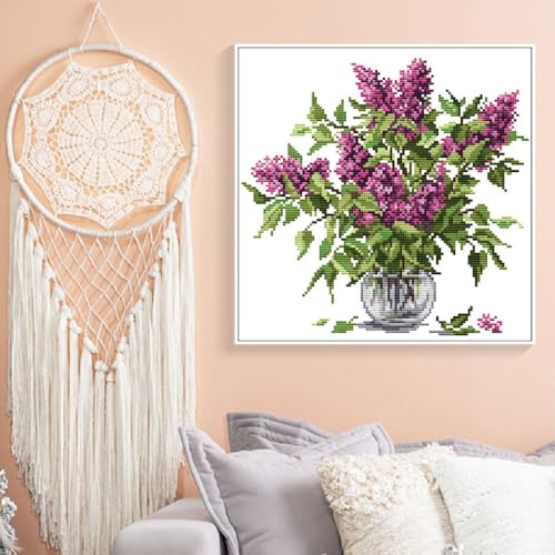 Image of Qeerysew Cross Stitch Kit Stamped Full Range of Embroidery Starter Kits for Beginners DIY-Printed kit Purple Flower 3(Printed) 11CT 14.6x14.6 inches