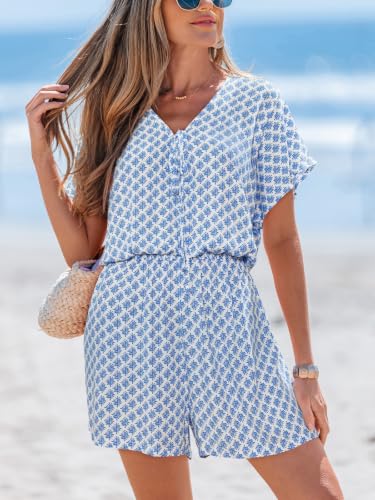 Image of CUPSHE Womens Summer Romper Front Tie Elastic Waist Beach Workout Rompers | Plunge V neck Short sleeve Wide leg, Casual Vacation Holiday Work Business Daily Outfits, Short One Piece Jumpsuit Dressy