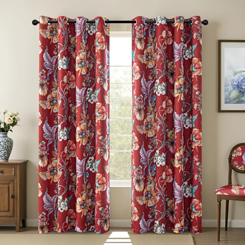Image of MYSKY HOME Floral Blackout Curtains 90 Inch Long Bedroom Black Out Thermal Insulated Noise Reducing Drapes Flower Printed Cottagecore Style Grommet Window Treatment Living Room, Pack-2, Terracotta