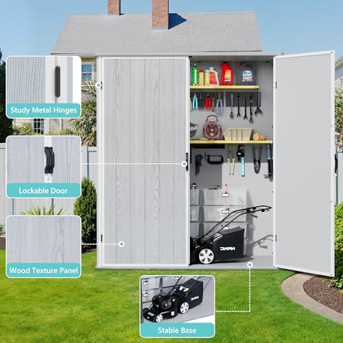 Image of Greesum 5x3FT Plastic Outdoor Storage Shed with Floor, Light Gray | All-Weather Resin Sheds with Lockable Doors, Easy Assembly Tool Shed for Yard, Patio, Garden (4.7x2.5FT)