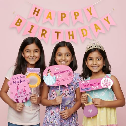 Image of Party Propz Princess Theme Birthday Decoration Items for Girls - 18 Pcs Happy Birthday Banner with Princess Photo Booth Props, Pink Theme Decoration for Kids