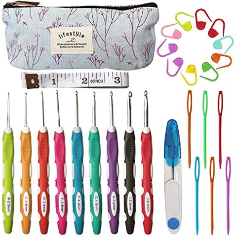 Qililandiy 27pcs Ergonomic Crochet Hooks Set with 9pcs Soft Handles Crochet and Case Knitting Stitch Markers Cover