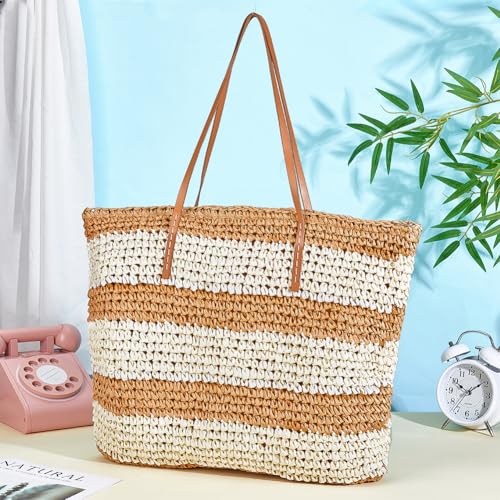 ORIGACH Large Striped Woven Straw Bag, Summer Woven Shoulder Bag For Women Crochet Beach Handmade Bag for Vacation Holiday 5