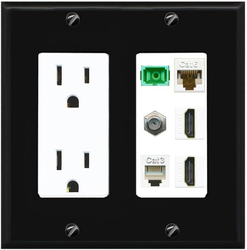 RiteAV 1 Port Fiber Optic Jack SC Simplex APC + Cat6 + Coax + 2 x HDMI + Phone Wall Plate - Outlet [Light-Almond/White]