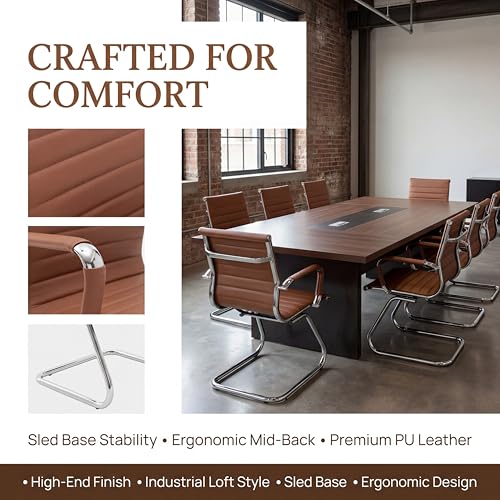 Image of Conference Room Chairs Set of 8, Waiting Room Chairs with Arms, Reception & Waiting Room Seating, No Wheels Meeting Chairs with Mid Back Support and Chrome Sled Base, Cafe