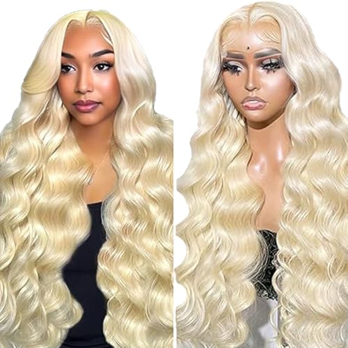 Gsoroel 13x4 Swiss Lace Front Human Hair Wig Cheveux Humain Glueless Wig Unprocessed Brazilian Virgin Human Hair Body Wave #613 Light Blonde Pre Plucked With...