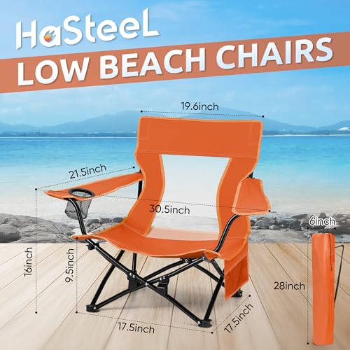 Image of HaSteeL Folding Beach Chair Set of 2, Foldable Orange Camping Chairs for Outside, Low Beach Chair Portable for Adults Fishing, Picnic, Outdoor BBQ, Travel, Sports, Cup Holder & Storage Bag