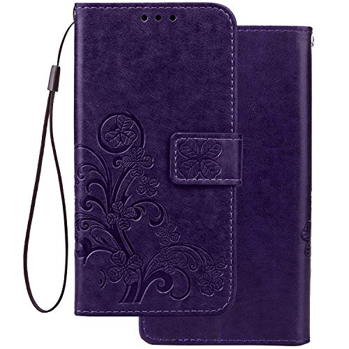 LEMORRY Funda para Xiaomi Mi A2 Estuches Cuero Flip Cover Billetera Piel Protector Magnética TPU Silicona con Tarjetas Ranura Carcasa Tapa para Xiaomi Mi A2, Trébol de la Suerte (Morado)