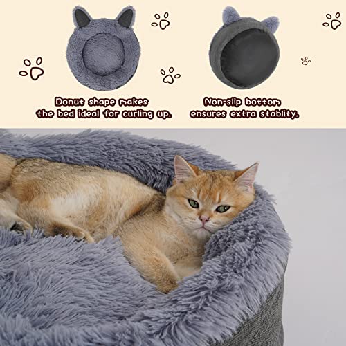 Cat Beds For Indoor Cats, Calming Dog Bed For Small Dogs, Cute Cat Beds, Anti Anxiety Donut Bed, Fluffy Pet Bed With Removable Round Cushion, Self Warming, Anti-Slip, Machine Washable, 20 Inch, Grey #TOP5