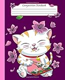 COMPOSITION NOTEBOOK: Cute Kawaii Maneki Neko Lucky Cat with Japanese Sakura Cherry Blossom Eating...