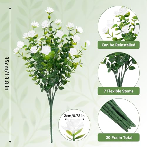 Image of Artificial Flowers for Outdoors Decoration UV Resistant, White | faux plants, fake plastic eucalyptus, greenery stems, indoor outdoor use, Garden fence patio window box porch planter decor