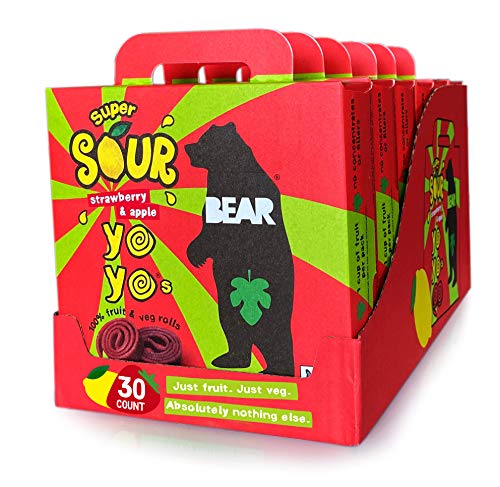 BEAR Sour - Real Fruit Yoyos - Strawberry-Apple, No added Sugar, All Natural, non GMO, Gluten Free, Vegan - Healthy on-the-go snack for kids & adults,0.7 Ounce (Pack of 30)