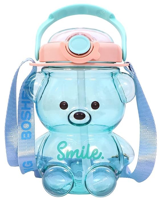 HARKNOX Teddy Bear Plastic Water Bottle|Bpa Free, Leak-Poof, Mobile Phone Holder|Smile Water Bottle With Lock, Straw, Sticker & Strap For Kids School, Traveling And Camping (Multicolor, 1000 Ml)