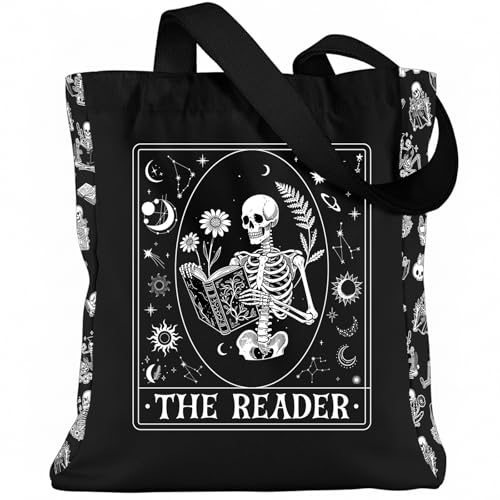 VeloKomo Goth Canvas Tote Bag - Reusable Skull Reading Totes with Zipper and Pocket Grocery Handbag for Travel Shopping Work Gym Christmas New Year Birthday Gift for Mom Girls Friends Sister Wife