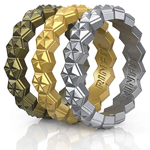 Women's Silicone Wedding Ring. Set of Thin & Stackable Rings. 3 Rings Pack. Comfortable, Soft Rubber Wedding Bands. Silver, Bronze & Gold (Size 5,#3S10)