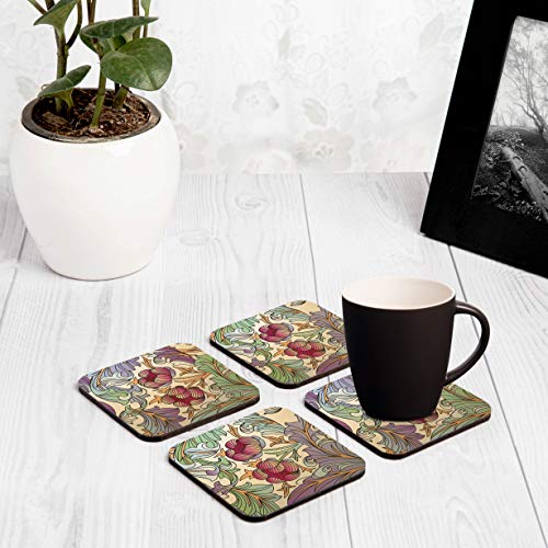 Image of Wooden Coaster Set with Gift Box | Ornate Flowers Design | Set of 4 Tabletop Square Coasters 3.75 inch x 3.75 inch | Kitchen Table Wooden Decorative Items | for Cups, Mugs, Cans, Glasses