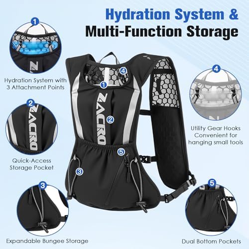 Zacro Running Vest for Men Women, Lightweight Hydration Vest with 2L Water Bladder, Adjustable No Bounce Fit, Breathable Reflective Vest for Marathon, Trail, Hiking, Cycling - 3
