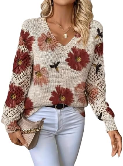Women's V Neck Floral Print Knit Sweaters with Crochet Long Sleeves – Lightweight Casual Pullover Tops Everyday Outfits