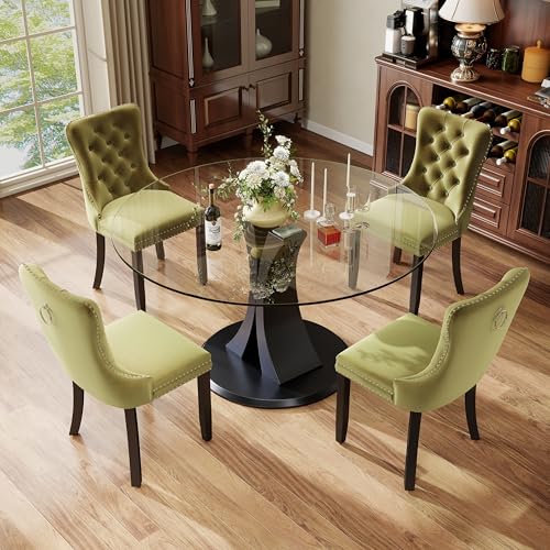 Image of 5-Piece Dining Table Set with 47In Tempered Glass Table and 4 Velvet Upholstered Chairs, Modern Scandinavian Furniture for Dining Room Kitchen(Olive Green)