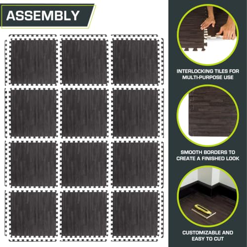 Image of ProsourceFit Wood Grain Puzzle Mat 1 /2-inch, 12 EVA Foam Interlocking Floor Tiles (48 SQ FT) for Secure Indoor Gym Flooring, Office Spaces, Living Rooms, and Play Areas, Carbon Black