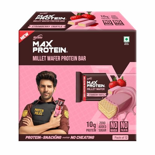 Image of RiteBite Max Protein Strawberry Truffle 10g Protein Millet Wafer Bars (Pack of 12), No Maida, No Palm Oil, Zero Added Sugar, Crunchy Wafer Snack, 480g