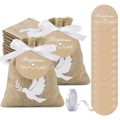 FINEVERNEK 20Pcs Sachet Jute 20Pcs Etiquette Baptême Pochette Dragée Motif Colombe Cadeau Invité Décoration pour Baptême avec Ruban