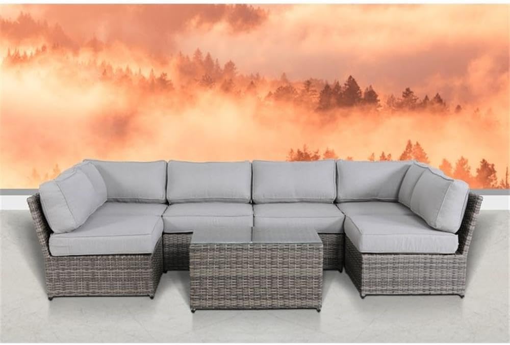 Pemberly Row 7-Piece Wicker Outdoor Sofa Set with Cushions, Gray Finish, UV/Weather/Rust Resistant, Marine Grade Olefin Fabric, Modern Style Patio Furniture for Outdoor Living Space or Backyard Use