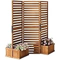 Outsunny Freestanding Outdoor Privacy Screen, 4 Self-Draining Planters/Raised Garden Beds, 3 Hinged Panels for Hot Tub, Patio, Backyard, Deck, Natural