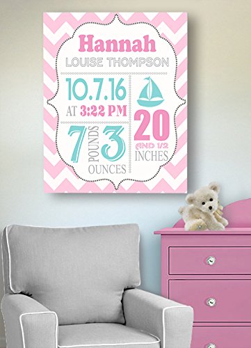 Personalized Stretched Canvas Birth Announcement Gift, Custom Baby Name, Date, Weight Stats, Newborn Sailboat Nursery Wall Art Decor, Wooden Frame Construction, Ready to Hang 8X10