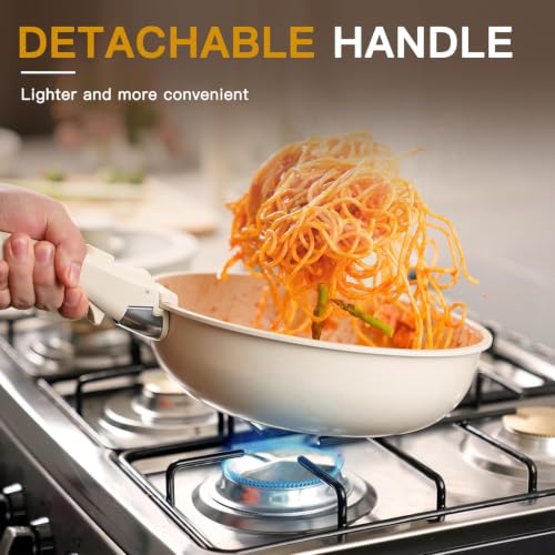 Image of House of Quirk 21 Pcs Maifan Stone Non Stick Ceramic Cookware Set | Pots & Pans with 2 Detachable Handles | Removable Handle RV Kitchen Cooking Set | Oven Safe, Induction Ready, Stackable (Beige)