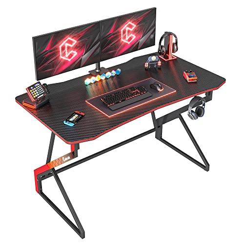 CubiCubi Simple Gaming Desk Z Shaped 40 inch Gamer Workstation, Home Computer Carbon Fiber Surface Gaming Desk PC Table with Headphone Hook