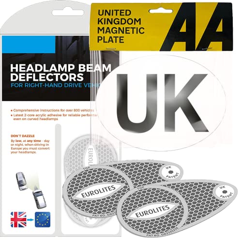 Xtremeauto Eurolites Deflectors Headlight Deflectors For Europe Beam Benders & AA Magnetic UK Sticker Plate - Headlamp Beam Deflectors For Europe - Cars Trucks Vehicles Caravan Travelling To Europe