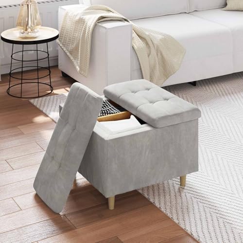 Tabouret coffre en velours gris avec grand espace de rangement discret - 5