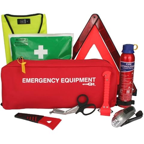 EVAQ8 Advanced Car Safety Kit with BSI First Aid Kit and Extinguisher Cover