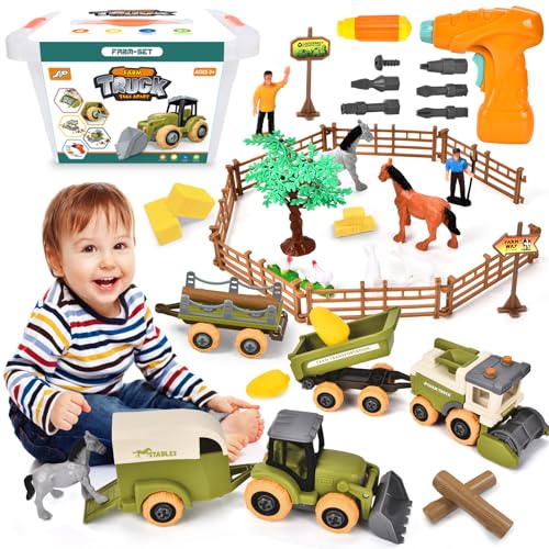 BuzzoXerex Tractor brinquedo, conjunto de trator de quinta, brinquedo de quinta com animais, cerca, transportador e ceifeira, conjunto de animais de quinta para crianças de 3 4 5 6 anos