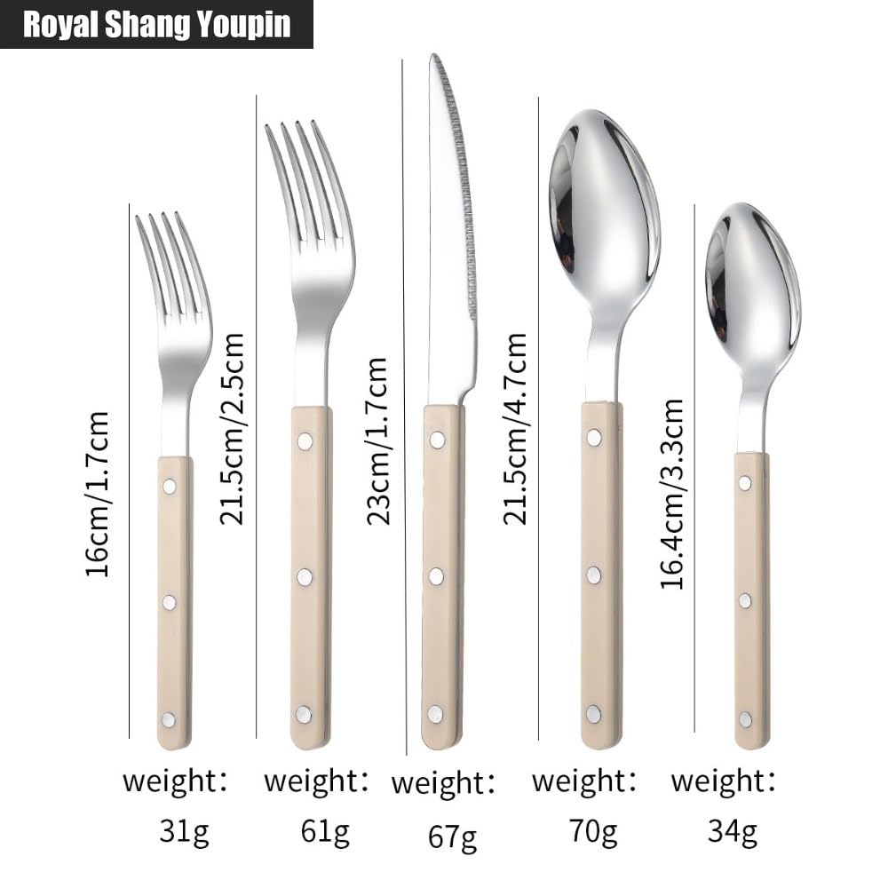 Rivet ABS Clamp Handle Kitchen Stainless Steel Silverware Tableware Flatware Cutlery Set Steak Knife Fork Spoon Teaspoon Western Tableware Butter Knife Set (Beige,5 pieces)