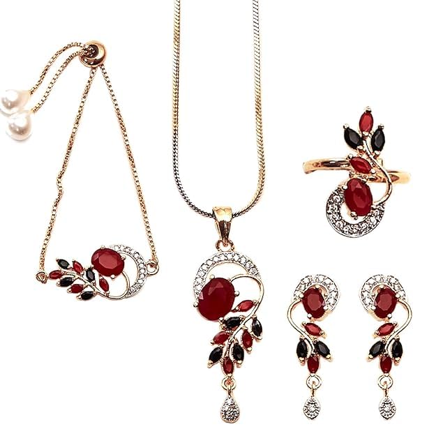 VIDORA Jewellery Set American Diamond Gold Plated Traditional Style Necklace Pendant Set, Ring, Bracelet with Earring Jewellery for Women and Girls (red black) (B0CTTKKTZG) Amazon Price History, Amazon Price Tracker