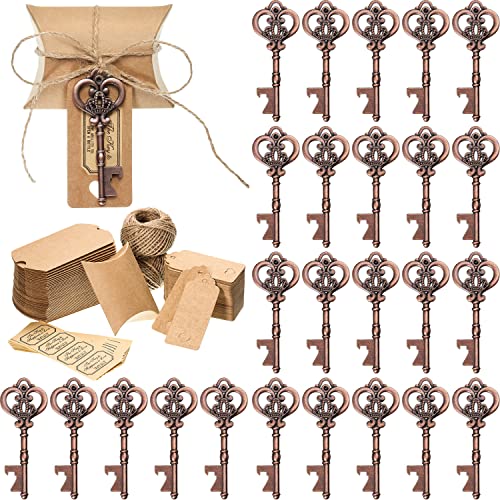 Boao 100 Sets Vintage Skeleton Key Bottle Opener Party Favor Wedding Favor Guest Souvenir Gift Set Pillow Shape Candy Box Escort Tag Card Flax Rope and Stickers for Guests (Antique Copper)