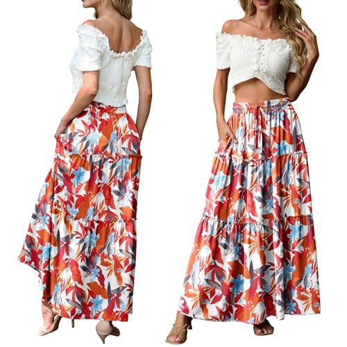 Image of Lepunuo Womens Casual Boho High Waisted Flowy Maxi Skirts Tiered Floral Long Skirts with Pockets for Summer Beach Vacation