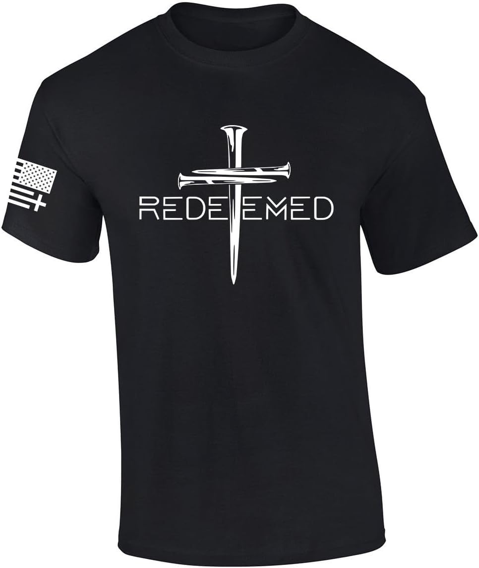Redeemed Cross Nails Mens Christian American Flag Sleeve T-Shirt Graphic Tee
