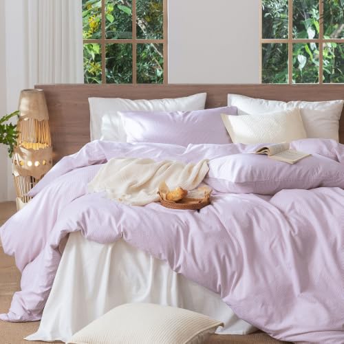 Image of MooMee Striped Duvet Cover Set 100% Washed Cotton Linen Like King | Relaxed Linen-like Texture. Soft, Breathable & Long-lasting Comfort. Lightweight. Hidden Zipper with 8 Interior Corner Ties