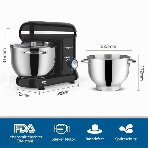 Foto von Vospeed Küchenmaschine 6.2L, Elektrischer Standmixer mit 6 Geschwindigkeiten, Knetmaschine zum Backen mit Edelstahlschüssel, Inklusive Rührbesen, Knethaken, Schneebesen & Eiertrenner (Schwarz)