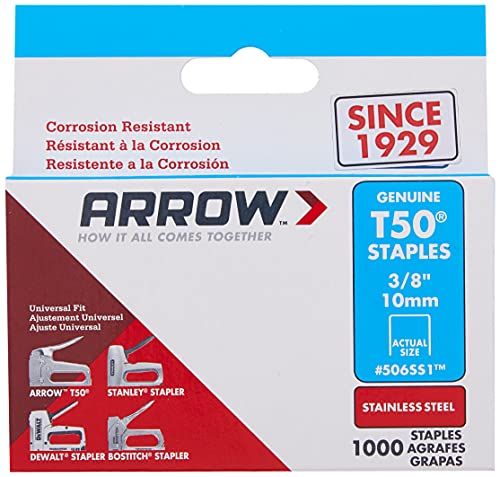 Arrow Fastener 506Ss1 Heavy Duty T50 Stainless Steel Staples For Upholstery, Construction, Furniture, Crafts, 3/8-Inch Leg 3/8-Inch Crown Size,Length, 31000-Pack #TOP3