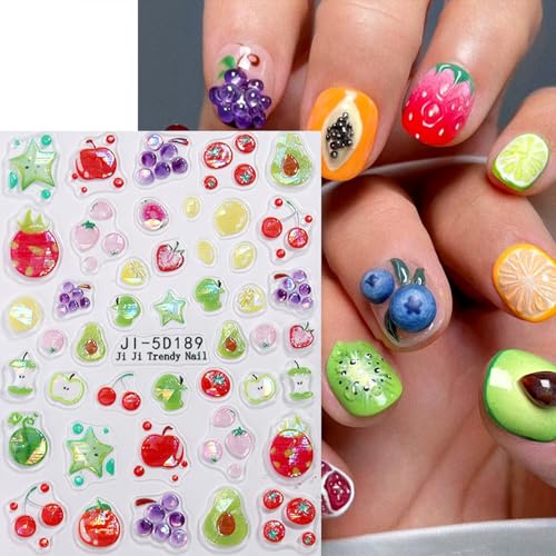 QEYRIYI Fruit Nail Art Stickers Decals 5D Embossed Self-Adhesive Orange Lemon Pineapple Pear Grape Apple Strawberry Cherry Nail Stickers Summer Nail Decals for Women DIY Manicure Decorations 2 Sheets