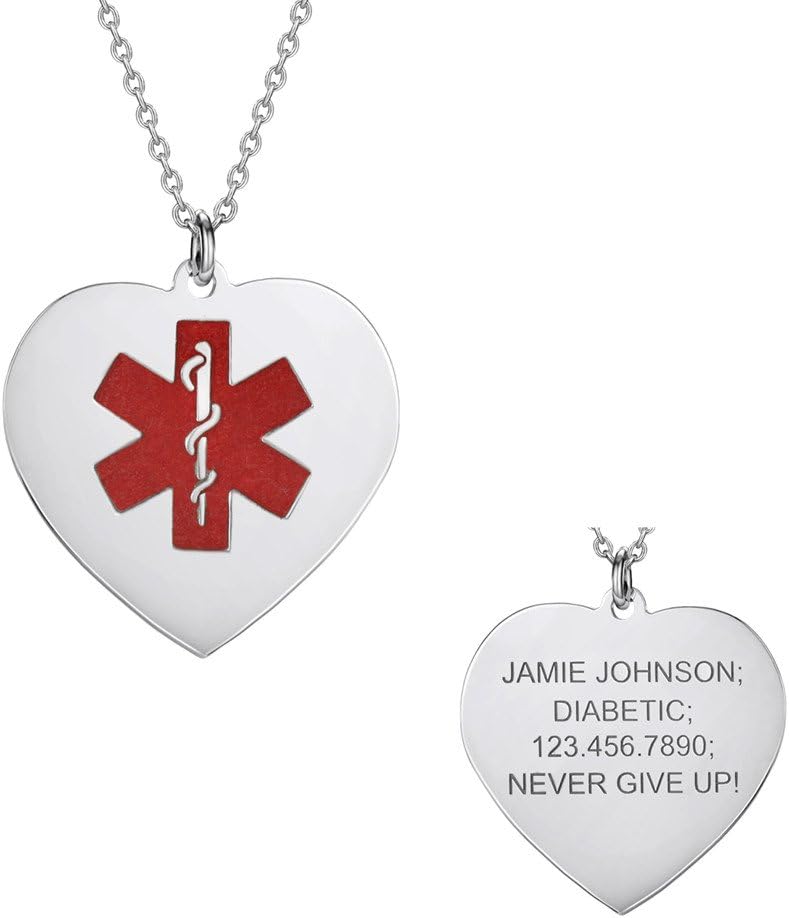 MissNity Custom Engraved Medical Alert Tag Heart Pendant Necklace White Gold 925 Sterling Silver Free Personalization (Silver)