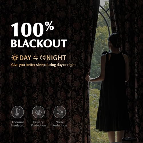 FMFUNCTEX 100% Boho Blackout Floral Curtains for Bedroom, Vintage Flower Patterned Black Curtains 84 Inches Long for Living Room Darkening Thermal Insulated Grommet Window Farmhose Drapes 2 Panels by FMFUNCTEX - Image 3